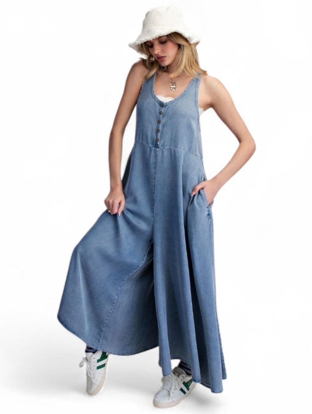 Easel Washed Chambray Denim Palazzo Jumpsuit Overalls New
